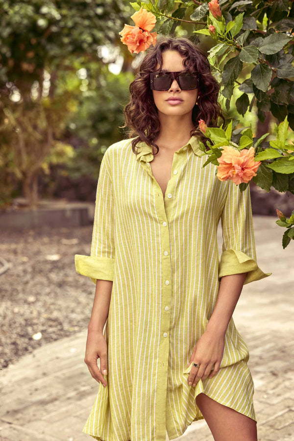 VESTIDO CAMISOLA EM MISTO LINHO RISCADO NIVES